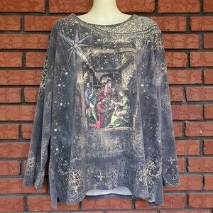 VTG Y2K Jason Maxwell Woman 2X Long Sleeve AOP Graphic Embellished Baby Jesus